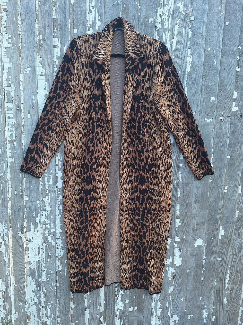 Tahari Leopard-Print Long Cardigan Coat - Brown/Black - Picture 2 of 7